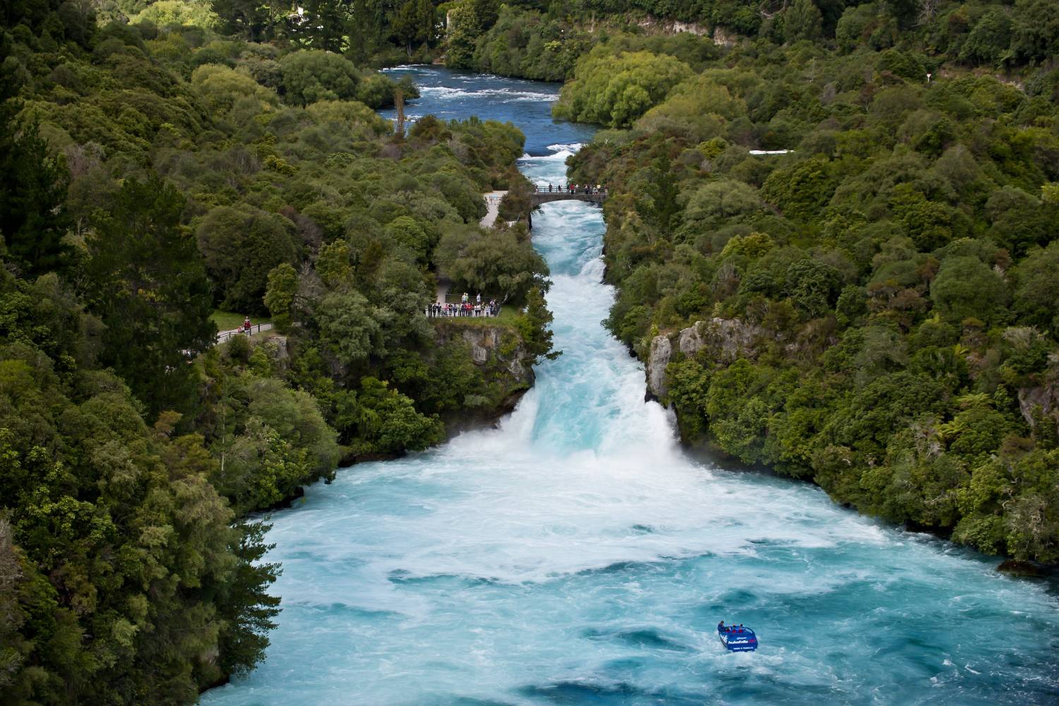 Huka Falls, Taupō (Pure Discoveries) Waterfall running through lush green forest